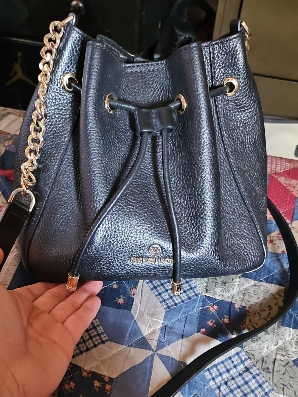 Michael Kors Black Pebbled Leather Drawstring Bucket Bag